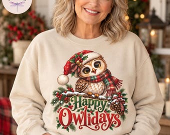 Happy Owlidays Shirt, Christmas Owl Sweatshirt, Cute Owl Hoodie, Bird Watcher Gift, Owl Lover Long Sleeve Tee, Holiday Tote Bag, Birding Top