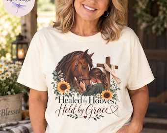 Healed By Hooves Held By Grace Shirt, Christian Horse Lover Gift, Equine Therapy Tee, Horse and Cross Comfort Colors, Equestrian Faith Tote
