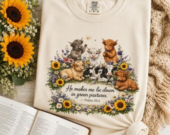 Highland Cow Shirt He Makes Me Lie Down In Green Pastures Psalm 23 Christian Tee Cottagecore Faith Shirt Farmhouse Comfort Colors Tee