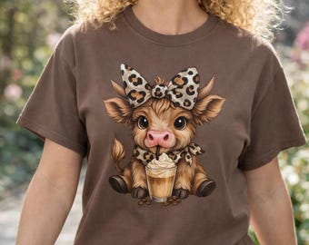 Highland Cow Shirt, Comfort Colors Highland Cow Tee, Iced Coffee Shirt, Leopard Bow Cow, Farm Girl Gift, Cute Cow Shirt, Farmhouse Tote Bag