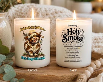 Funny Highland Cow Christian Candle, God Made Me Spotless Soy Candle, Faith Humor Gift, Personalized Engraved Lid, Funny Religious Gift Her