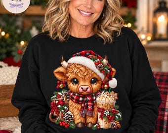 Highland Cow Christmas Sweatshirt, Iced Coffee Cow Hoodie, Cute Christmas Cow Shirt, Christmas Tote Bag, Cow Lover Gift, Coffee Lover Gift