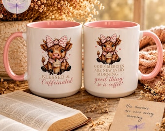 Blessed & Caffeinated Mug, Highland Cow Coffee Mug, Funny Christian Mug, Polka Dot Cow Mug, Faith Coffee Gift, God's Mercies Morning Mug