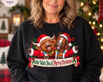 Highland Cow Horse Christmas Shirt, Funny Singing Farm Animal Merry Christmas Sweatshirt Hoodie, Cow Lover Horse Lover Holiday Gift Tote Bag