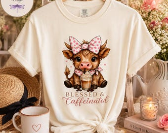 Blessed & Caffeinated Shirt, Highland Cow Front Back Tee, Funny Christian Coffee Shirt, Faith Humor Tee, Comfort Colors 1717, Gift for Her