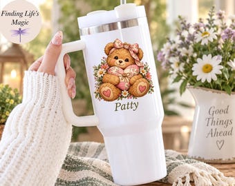 Personalized Teddy Bear Tumbler, Custom Name Coquette Floral Heart Cup, 20oz 40oz Tumbler with Handle and Straw, Gift for Her, Bear Lover