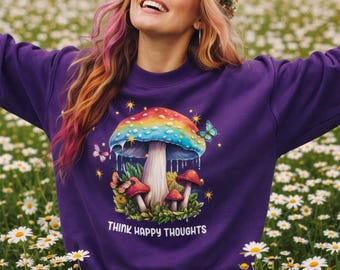 Think Happy Thoughts Shirt, Colorful Mushroom Butterfly Tee, Positive Vibes Shirt, Inspirational Graphic T-Shirt for Women, Cottagecore Gift