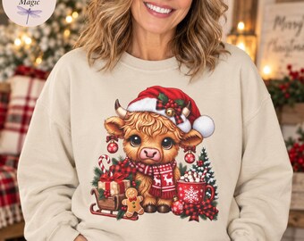 Christmas Highland Cow Shirt, Cute Cow Santa Hat Sweatshirt Tote Bag, Personalized Holiday Gift for Her, Farmhouse Christmas Cow Lover Tee