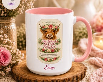 Personalized Class of 2026 Coffee Mug, She Believed She Could Highland Cow, Christian Graduation Gift, Proverbs 31 Custom Mug