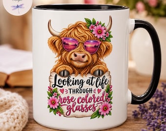 Looking At Life Through Rose Colored Glasses Highland Cow Coffee Mug, Cute Cow Lover Gift for Her, Pink Floral Farmhouse, Positive Outlook