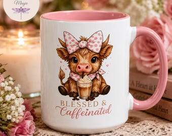 Blessed & Caffeinated Mug, Highland Cow Coffee Mug, Funny Christian Mug, Polka Dot Cow Mug, Faith Coffee Gift, God's Mercies Morning Mug