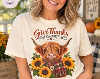 Give Thanks Highland Cow Sunflower Shirt, Christian Thanksgiving Comfort Colors Tee, 1 Thessalonians 5:18 Scripture, Fall Faith Tote Bag