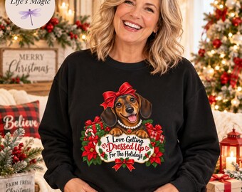 Funny Christmas Dog Sweatshirt, Dog Dressed Up Holiday Shirt, Dog Lover Gift for Her, Dog Mom Christmas Sweater, Cute Dog Tote Bag Gift