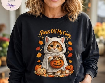Paws Off My Candy Halloween Cat Shirt, Cute Ghost Kitten Trick or Treat Tee, Cat Mom Halloween Gift, Funny Fall Sweatshirt Tote Bag