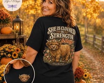 She Is Clothed in Strength & Hay Shirt, Highland Cow Christian Tee, Proverbs 31 Gift, Comfort Colors Faith Shirt, Christian Farmhouse Tote