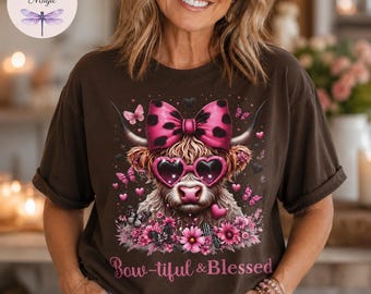 Bow-tiful and Blessed Highland Cow Shirt, Pink Leopard Bow Cow Gift for Her, Christian Cow Sweatshirt, Farm Animal Hoodie, Cow Tote Bag