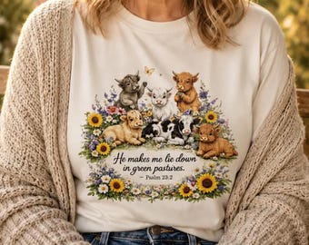 Highland Cow Shirt He Makes Me Lie Down In Green Pastures Psalm 23 Christian Tee Cottagecore Faith Shirt Farmhouse Comfort Colors Tee