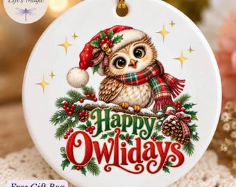Happy Owlidays Christmas Ornament, Cute Owl Ceramic Keepsake, Bird Watcher Gift, Owl Lover Tree Decoration, Santa Hat Owl, Stocking Stuffer