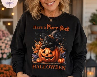 Have A Purr-fect Halloween Black Cat Pumpkin Shirt, Funny Cat Halloween Sweatshirt, Witch Cat Hoodie, Cat Mom Fall Gift, Spooky Cat Tee