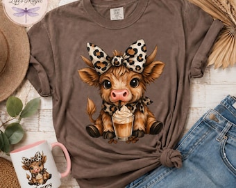 Highland Cow Shirt, Comfort Colors Highland Cow Tee, Iced Coffee Shirt, Leopard Bow Cow, Farm Girl Gift, Cute Cow Shirt, Farmhouse Tee