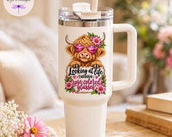 Looking At Life Through Rose Colored Glasses Highland Cow Tumbler, Cute Cow Gift for Her, Pink Farmhouse Cup, 40oz 20oz Cow Lover Travel Mug