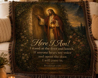 Here I Am Revelation 3:20 Jesus Knocking Woven Cotton Blanket | Christian Gift | Scripture Throw | Faith Home Decor