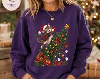 Funny Cat in Christmas Tree Sweatshirt, Cat Lover Holiday Gift, Naughty Kitten Christmas Hoodie, Cat Mom Xmas Tote Bag, Hilarious Cat Gift