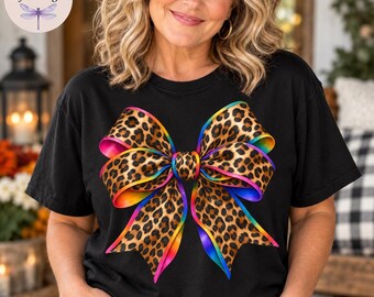 Rainbow Leopard Bow Shirt, Leopard Print Bow Comfort Colors Tee, Cheetah Bow Sweatshirt, Coquette Bow Tote Bag, Trendy Rainbow Gift for Her
