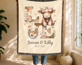 Personalized Love Highland Cow Woven Blanket, Couples Names Anniversary, Western Floral Throw Blanket, Valentine's Day Gift