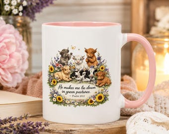 Highland Cow Mug, He Makes Me Lie Down In Green Pastures, Psalm 23 Gift, Christian Coffee Mug, Faith Gift For Her, Farmhouse Mug