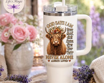 God Says I Am Highland Cow Tumbler, 40oz Insulated Cup, Faith Travel Mug, Christian Scripture Coffee Cup Gift, Religious Highland Cow Cup