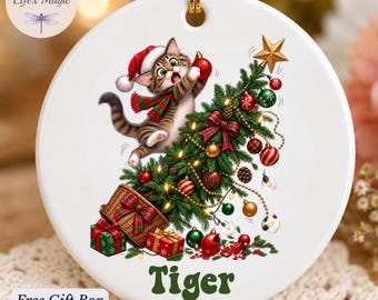 Personalized Funny Cat in Christmas Tree Ornament, Custom Cat Ornament with Name, Cat Lover Christmas Gift, Naughty Kitten Holiday Keepsake