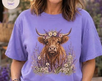 Highland Cow Lilac Shirt, Farmhouse Floral Comfort Colors Tee, Christian Wildflower Sweatshirt, Highland Cow Gift for Her, Cottagecore Top