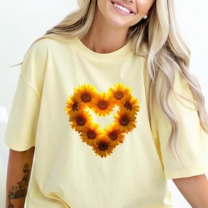 Sunflower T-Shirt, Comfort Colors Tee with Heart Sunflower Design, Gift Idea for Sunflower Lovers, Positive Vibes Top, Spread Joy Kindness