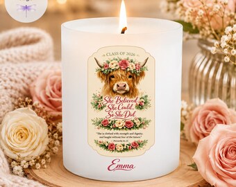 Personalized She Believed She Could Candle Class of 2026, Highland Cow Graduation Gift, Custom Engraved Lid Soy Candle