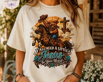 Y'all Need a Little Jesus in Your Heart Shirt Tote Bag Highland Cow Western Faith Tee Funny Christian Cowgirl Gift Comfort Colors Women