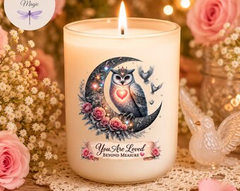 You Are Loved Beyond Measure Soy Candle, Christian Faith Candle, Owl Crescent Moon Gift, Jeremiah 31:3, Personalized Engraved Lid