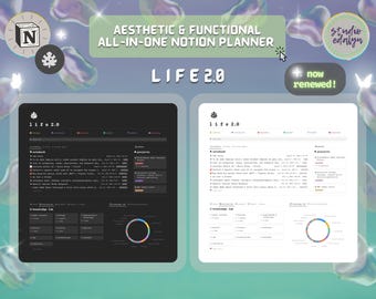 May include: A screenshot of a Notion planner template called "Life 2.0" with a dark mode and a light mode view. The template includes sections for "Notebooks", "Projects", and "Knowledge Hub".