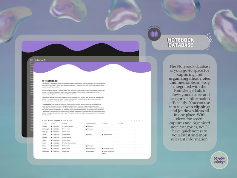 May include: A screenshot of a computer screen displaying a website with the text "Notebook Database". The website is a database for capturing and organising ideas, notes, and media. The text on the screen says "The Notebook database is your go-to space for capturing and organising ideas, notes, and media. Seamlessly integrated with the Knowledge Lab, it allows you to store and categorise information efficiently. You can use it to save web clippings and jot down ideas all in one place. With views for recent captures and organised note categories, you'll have quick access to your latest and most relevant information."