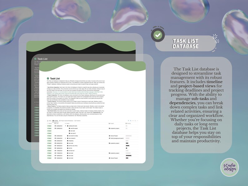 May include: A screenshot of a computer screen displaying a task list database application. The application has a dark background with white text and a green header. The text on the screen describes the features of the database, which include timeline and project-based views, sub-tasks, and dependencies.