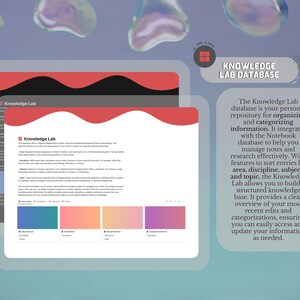 May include: A screenshot of a website for a knowledge management database called "Knowledge Lab". The website features a red and black wavy design at the top and a description of the database's features. The description states that the database is a personal repository for organising and categorising information. It integrates with the Notebook database to help manage notes and research effectively. The website also features a section with four coloured boxes labelled "Life Sciences", "Humanities", "Social Sciences", and "Computer Science".