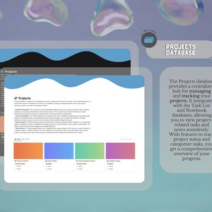 May include: A screenshot of a website showcasing a database for managing projects. The website has a blue and white colour scheme and features a text description of the database's features. The text reads "The Projects database provides a centralised hub for managing and tracking your projects. It integrates with the Task List and Notebook databases, allowing you to view project-related tasks and notes seamlessly. With features to track project status and categorise tasks, you get a comprehensive overview of your progress."