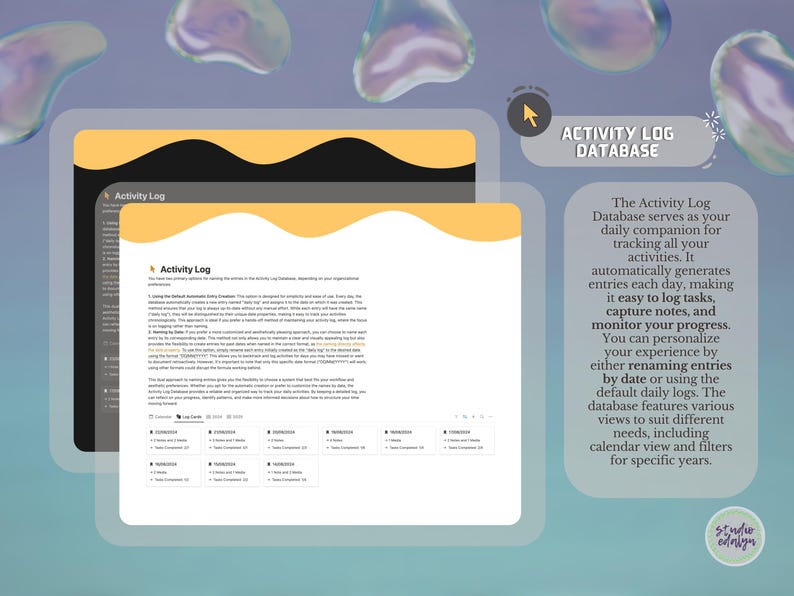May include: A screenshot of a website for an activity log database. The website has a yellow and black wavy design at the top. The text "Activity Log Database" is in a white box with a black outline. The text describes the database as a daily companion for tracking activities, automatically generating entries each day, making it easy to log tasks, capture notes, and monitor progress. The text also mentions that the database can be personalized by renaming entries by date or using the default daily logs. The database features various views to suit different needs, including calendar view and filters for specific years.