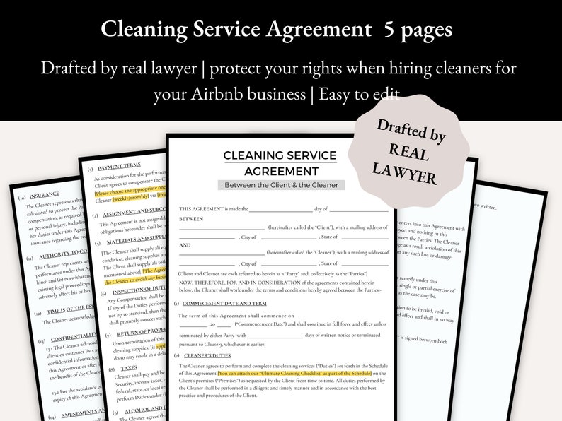 Airbnb Cleaning Service Contract, Editable Cleaning Service Agreement Airbnb Cleaning Service Contract, Editable Cleaning Service Agreement