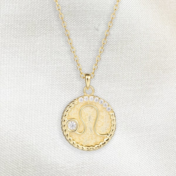 Leo Gold Zodiac Coin Necklace Horoscope Pendant 18k Gold Star Sign Jewellery 925 Sterling Silver July August Birthday Gift • CocoRox 7936