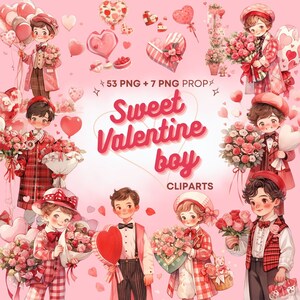 赤ピンクのバレンタインデーの男の子のクリップアートセット、記念日、愛、バラ、ハート、ヴィンテージ、PNG、スクラップブック、ジャンクジャーナルクラフト、カード、水彩画
