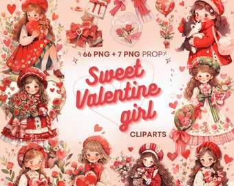 Valentines Day Clipart Bundle, PNG, Cute Little Valentine Girl with flowers and chocolate, Junk journal, Card, Girl in red & pink dress