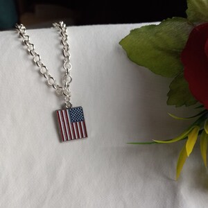 May include: A silver chain necklace with a small rectangular pendant featuring the American flag in red, white, and blue.