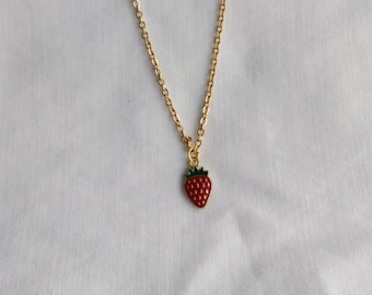 strawberry necklace/gold plated dainty strawberry charm/fun to wear/fun gift for thank you, birthdays or yourself/strawberry lovers