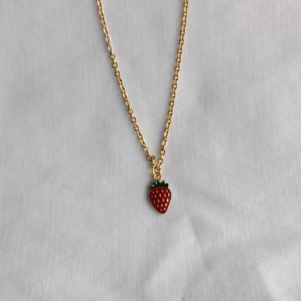 strawberry necklace/gold plated dainty strawberry charm/fun to wear/fun gift for thank you, birthdays or yourself/strawberry lovers